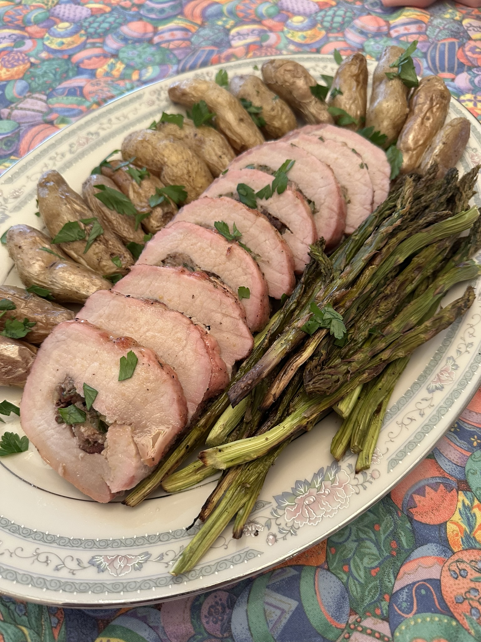 Maple and Bourbon-Glazed Roast Pork Loing Stuffed with Apples and Sun-Dried Cranberries